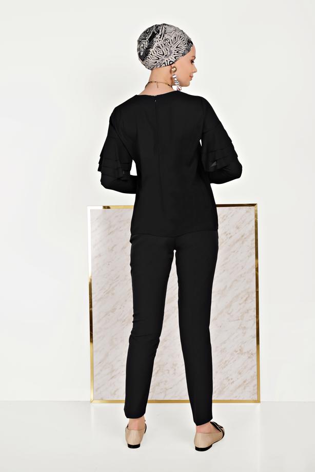 Hijab clothing BLACK ALVİNA FRILLED BLOUSE 40477  - TRENDTESETTÜR