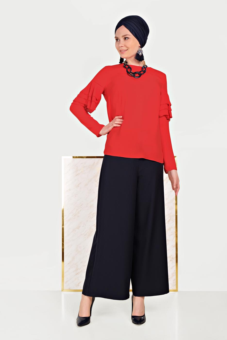 Hijab clothing RED ALVİNA FRILLED BLOUSE 40477 