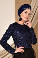 Tesettür giyim LACİVERT  ALVİNA ÜÇ BOYUTLU ÇİÇEK DETAYLI ABİYE BLUZ 4064