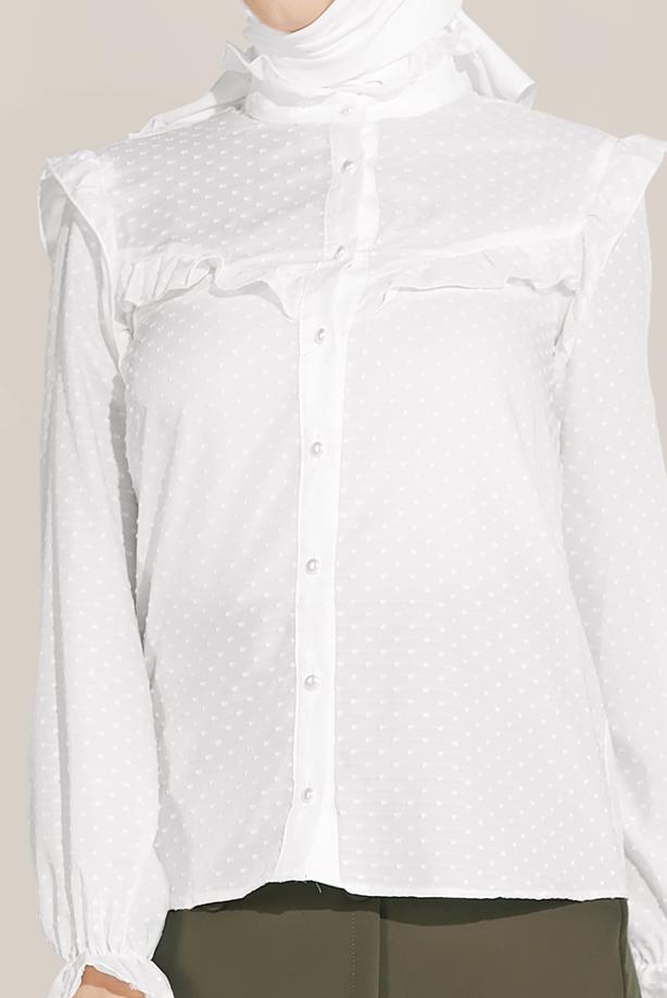 Hijab clothing CREAM ALVİNA RUFFLE DETAIL BUTTONED BLOUSE 40798  - TRENDTESETTÜR