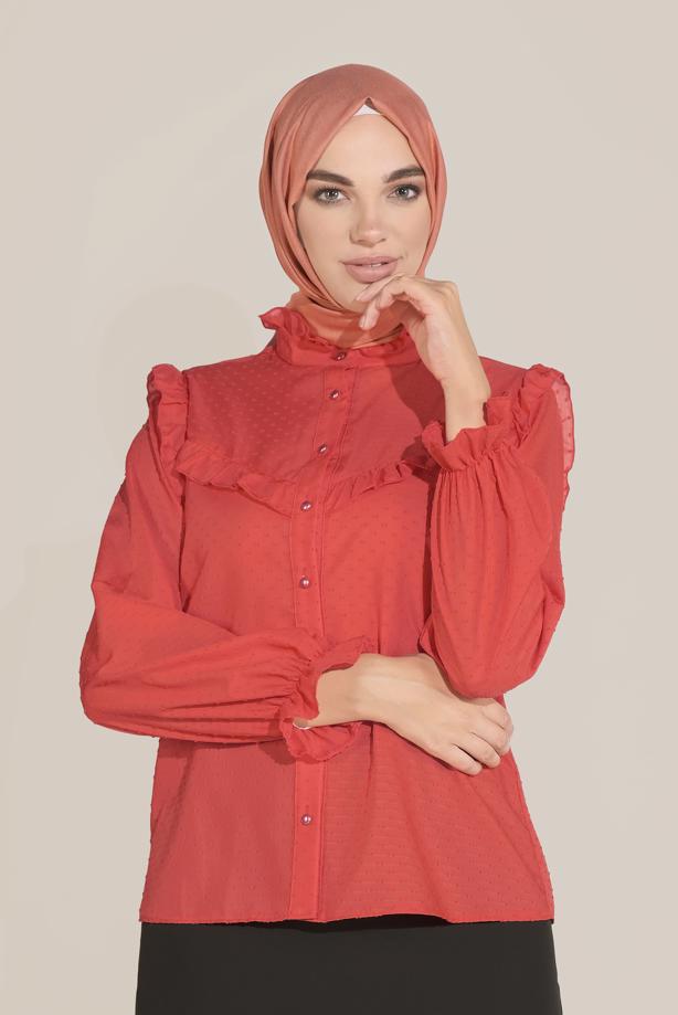 Hijab clothing RED ALVİNA RUFFLE DETAIL BUTTONED BLOUSE 40798  - TRENDTESETTÜR