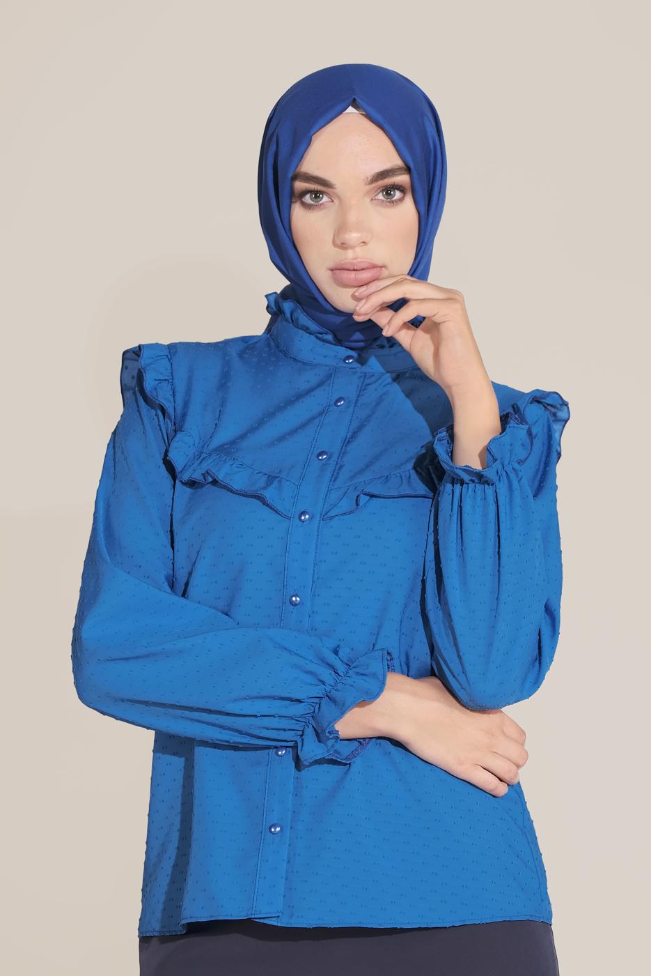 Hijab clothing NAVY BLUE ALVİNA RUFFLE DETAIL BUTTONED BLOUSE 40798 