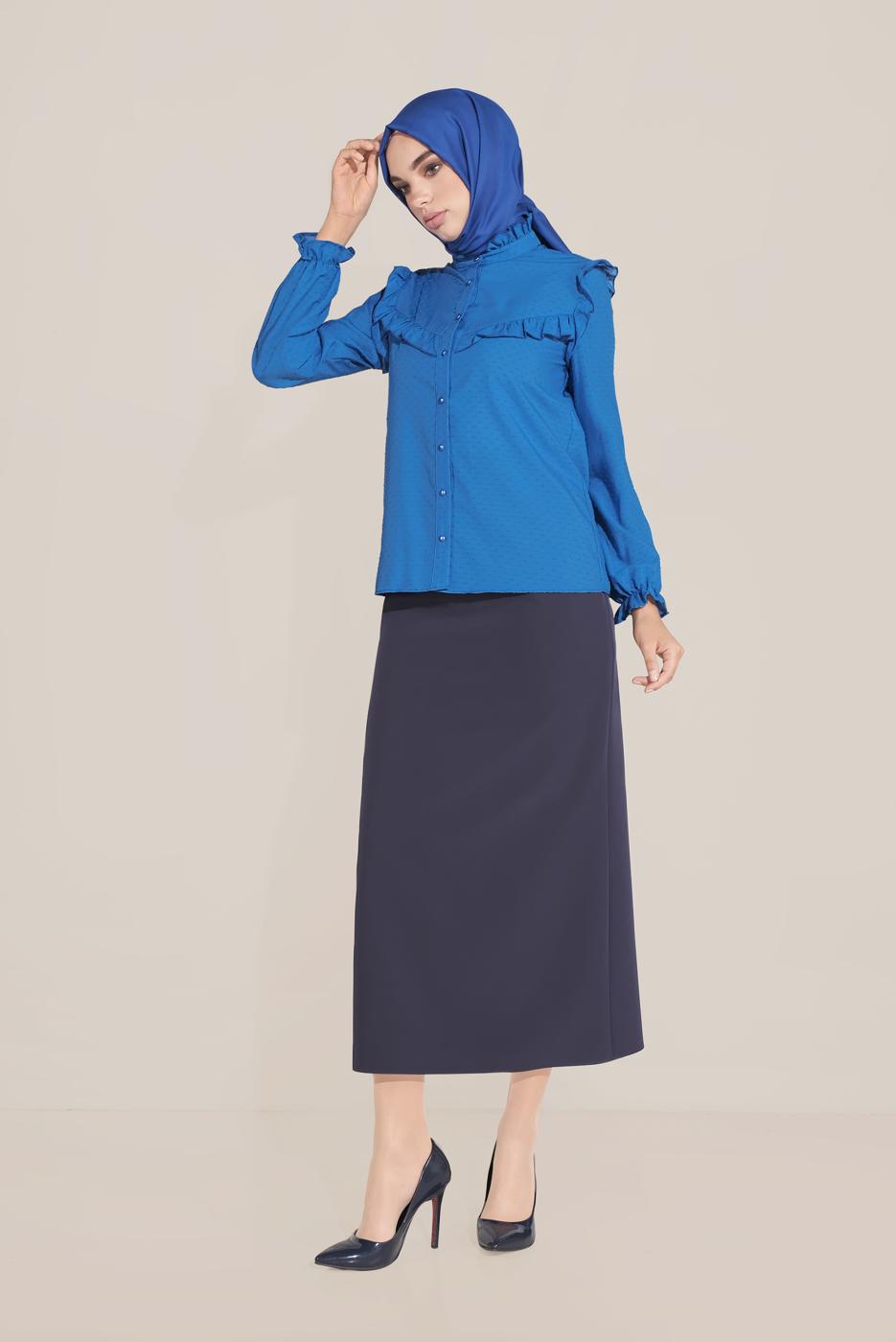 Hijab clothing NAVY BLUE ALVİNA RUFFLE DETAIL BUTTONED BLOUSE 40798 