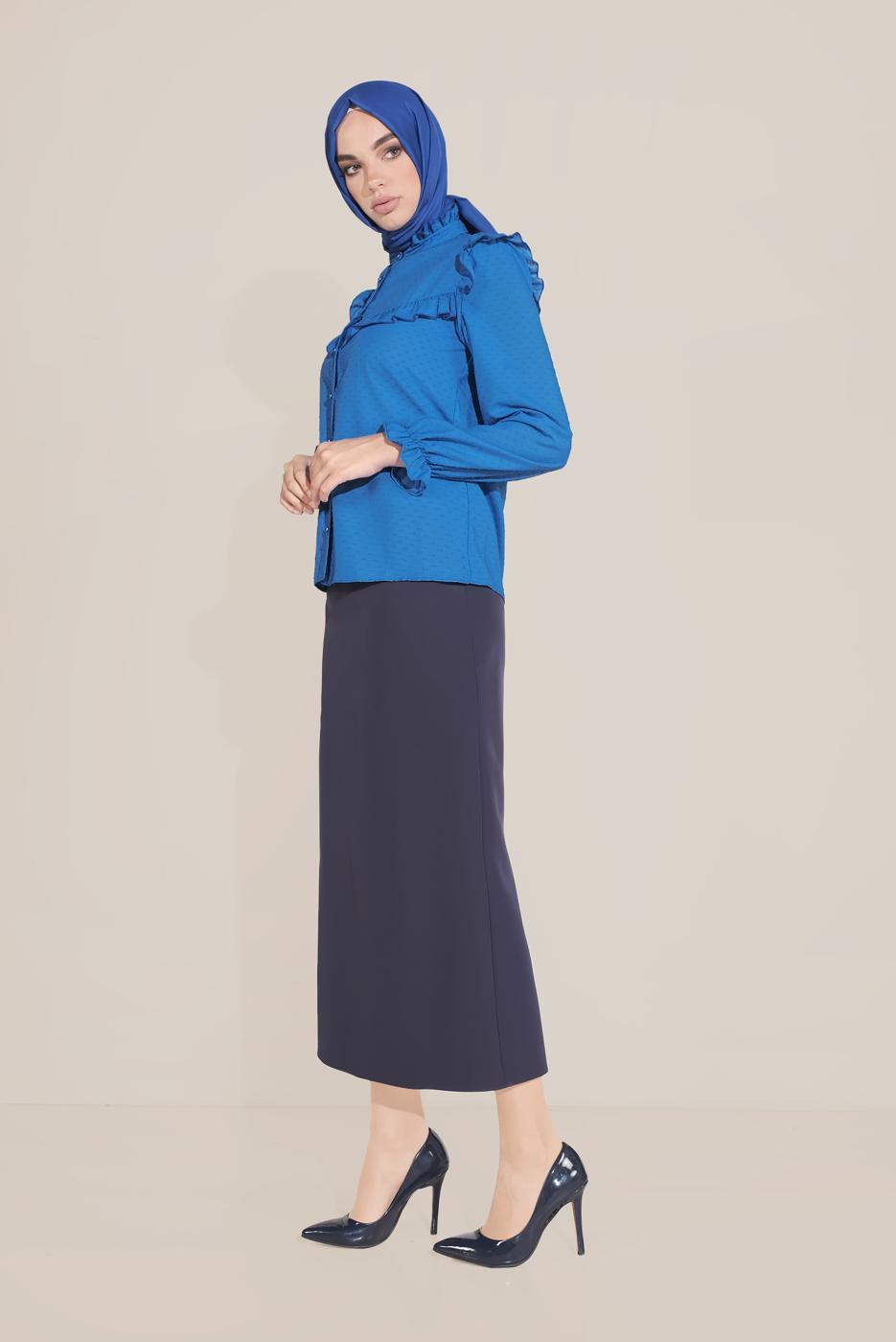 Hijab clothing NAVY BLUE ALVİNA RUFFLE DETAIL BUTTONED BLOUSE 40798 