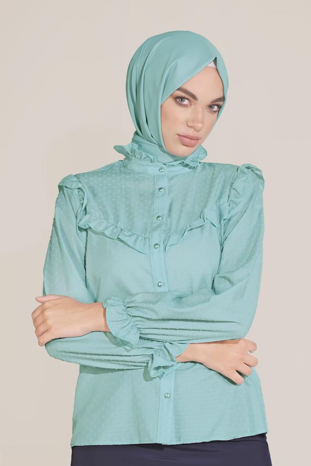Hijab clothing BLUE ALVİNA RUFFLE DETAIL BUTTONED BLOUSE 40798  - TRENDTESETTÜR
