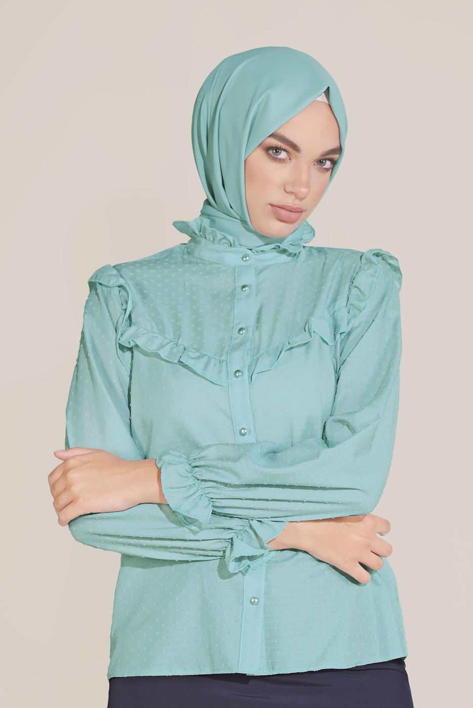 Hijab clothing BLUE ALVİNA RUFFLE DETAIL BUTTONED BLOUSE 40798 