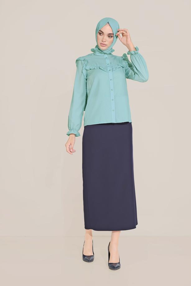 Hijab clothing BLUE ALVİNA RUFFLE DETAIL BUTTONED BLOUSE 40798  - TRENDTESETTÜR