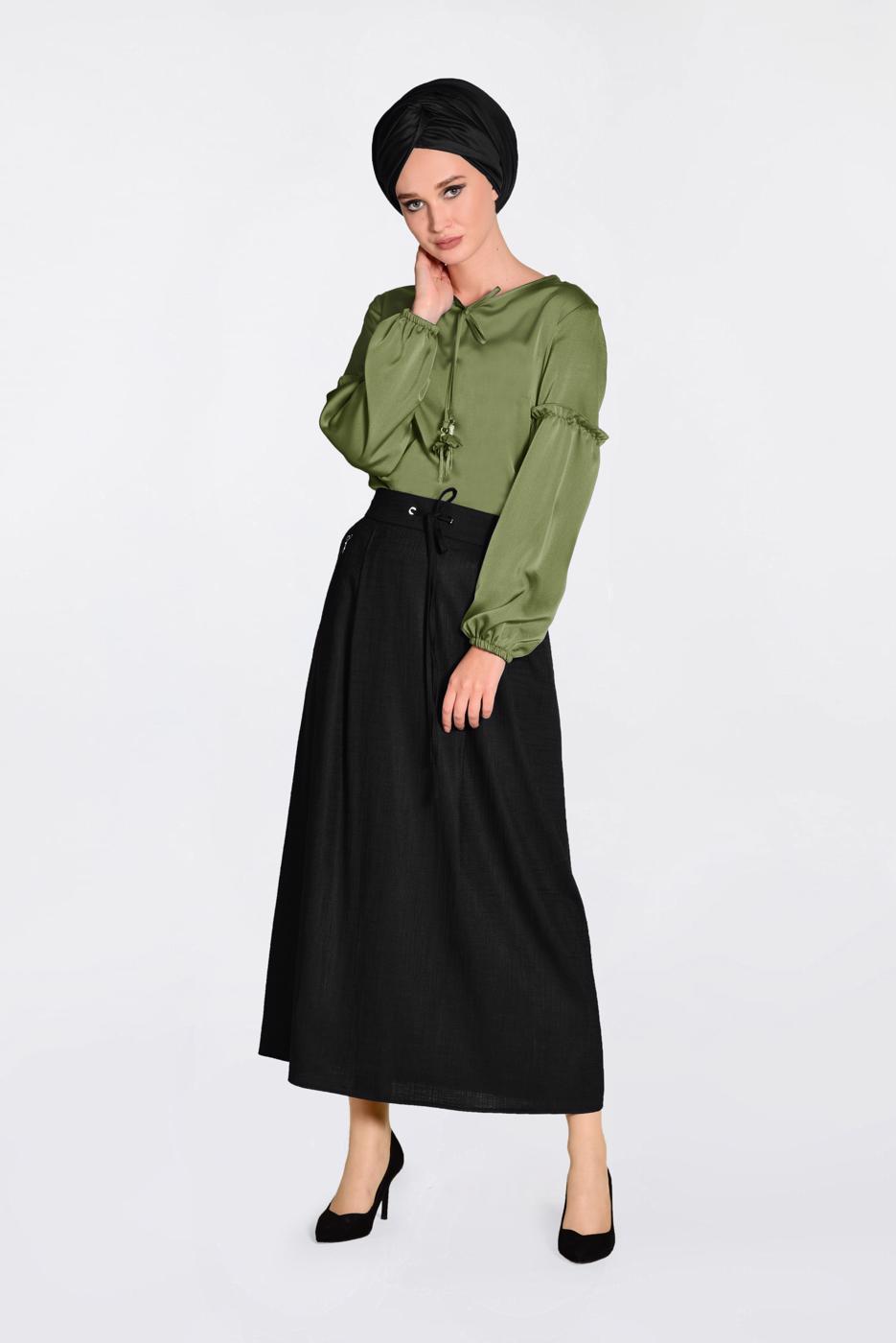 Tesettür giyim HAKİ ALVİNA YAKASI BAĞCIKLI BLUZ 4321