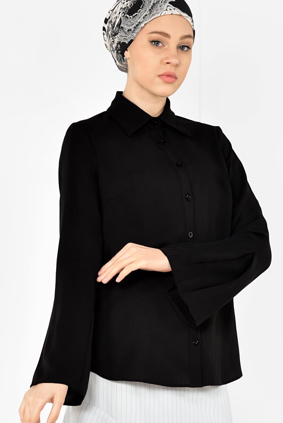 Tesettür giyim SİYAH ALVİNA  PİLİSE DETAYLI GENİŞ KOL BLUZ 4888
