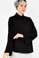 Tesettür giyim SİYAH ALVİNA  PİLİSE DETAYLI GENİŞ KOL BLUZ 4888