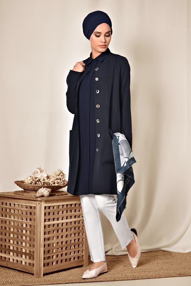 Vêtements hijab BLEU MARINE VESTE BOUTONNÉE AVEC DÉTAIL DE POCHE ALVİNA 4001 - TRENDTESETTÜR