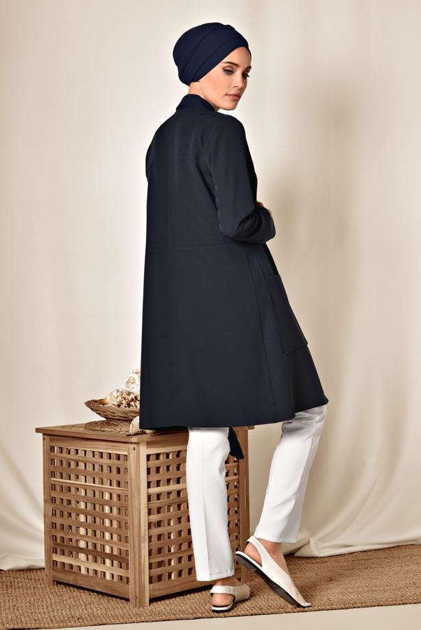 Vêtements hijab BLEU MARINE VESTE BOUTONNÉE AVEC DÉTAIL DE POCHE ALVİNA 4001 - TRENDTESETTÜR