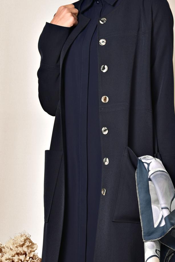 Vêtements hijab BLEU MARINE VESTE BOUTONNÉE AVEC DÉTAIL DE POCHE ALVİNA 4001 - TRENDTESETTÜR