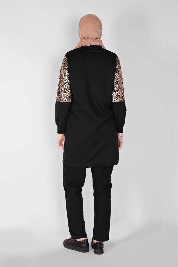 Tesettür giyim SİYAH YALDIZ BASKILI FERMUARLI  EŞOFMAN CEKET 4166 - TRENDTESETTÜR