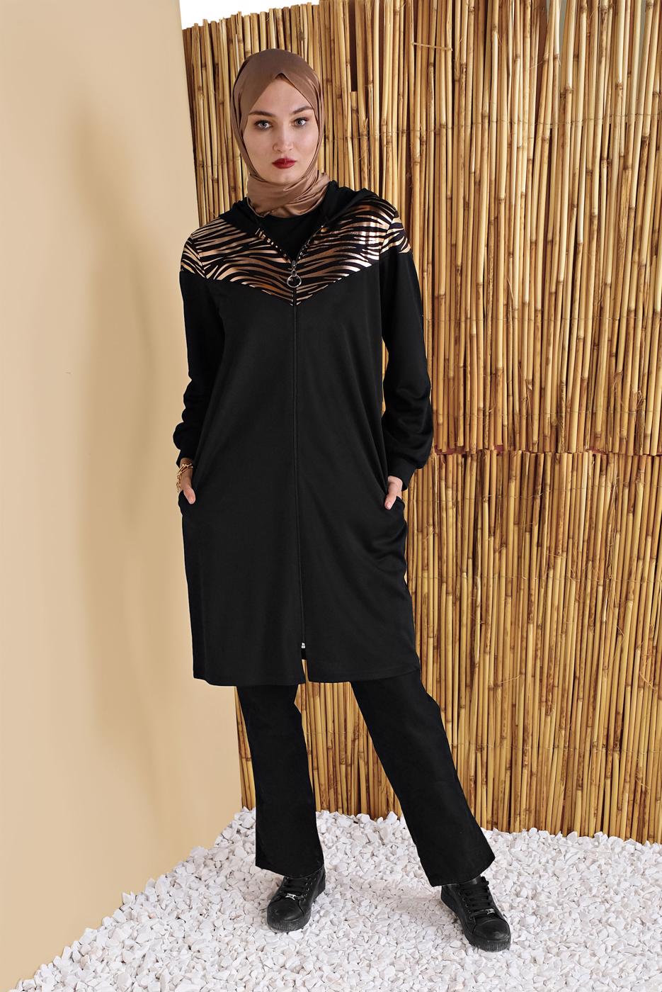Hijab clothing BLACK ZEBRA PATTERNED TRACKSUIT JACKET 9156  