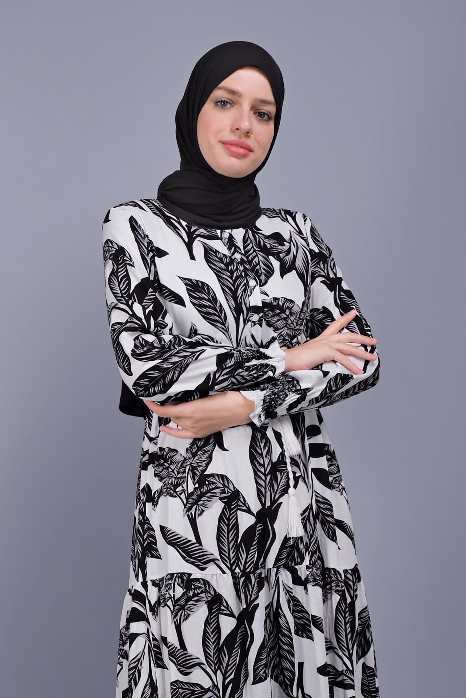 Hijab clothing WHITE LEAF PATTERNED DRESS 5412-1 