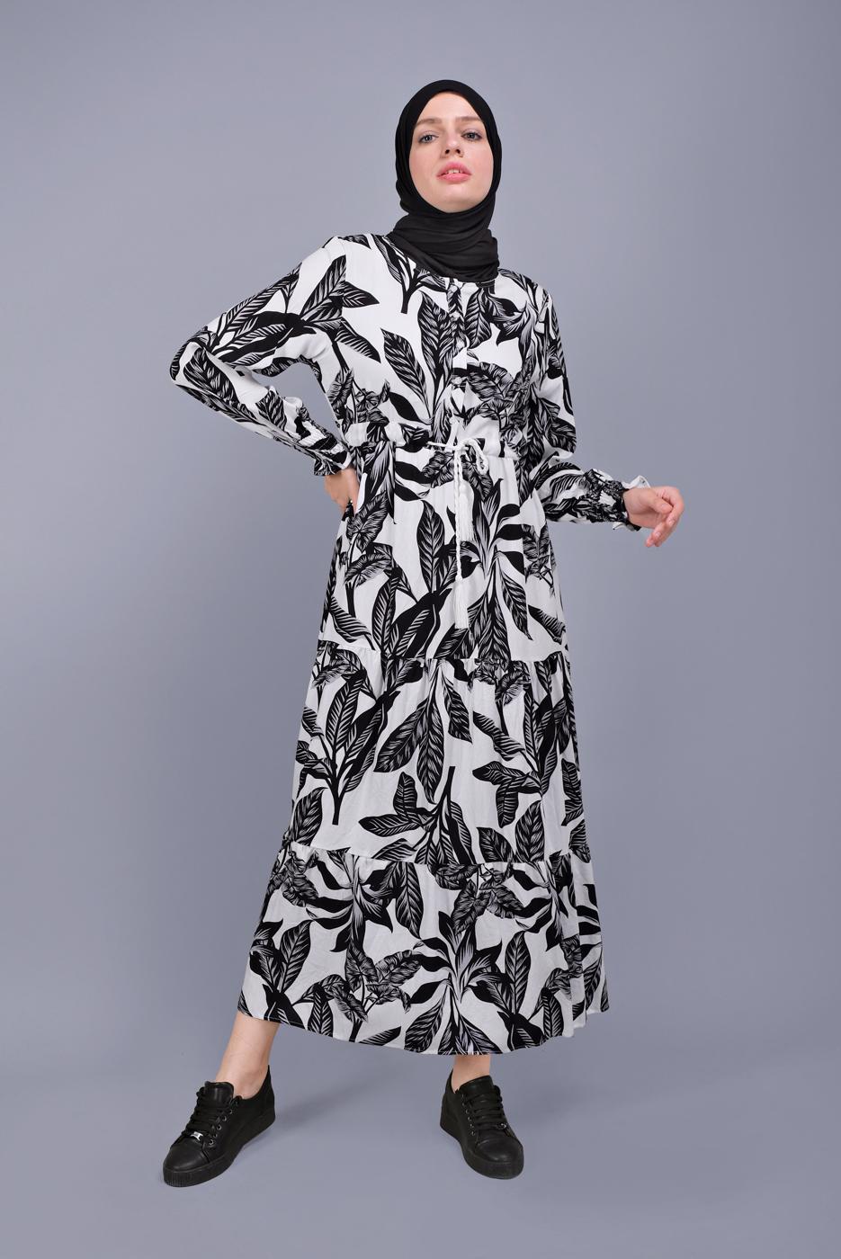 Hijab clothing WHITE LEAF PATTERNED DRESS 5412-1 