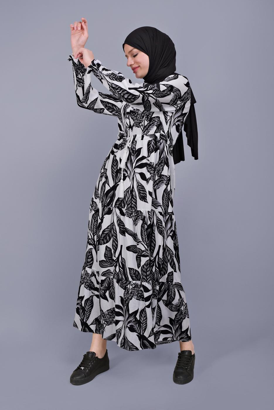 Hijab clothing WHITE LEAF PATTERNED DRESS 5412-1 