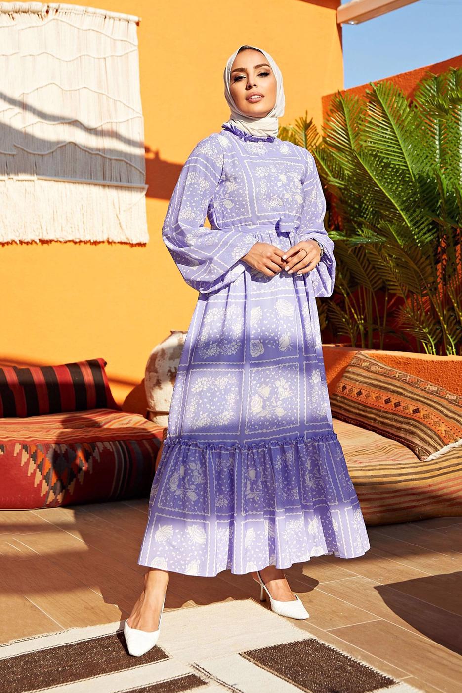 Vêtements hijab POURPRE ROBE FLORALE CEINTURÉE 640000