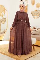 Tesettür giyim KAHVE KÜÇÜK ÇİÇEKLİ KEMERLİ  ELBİSE  56000 
