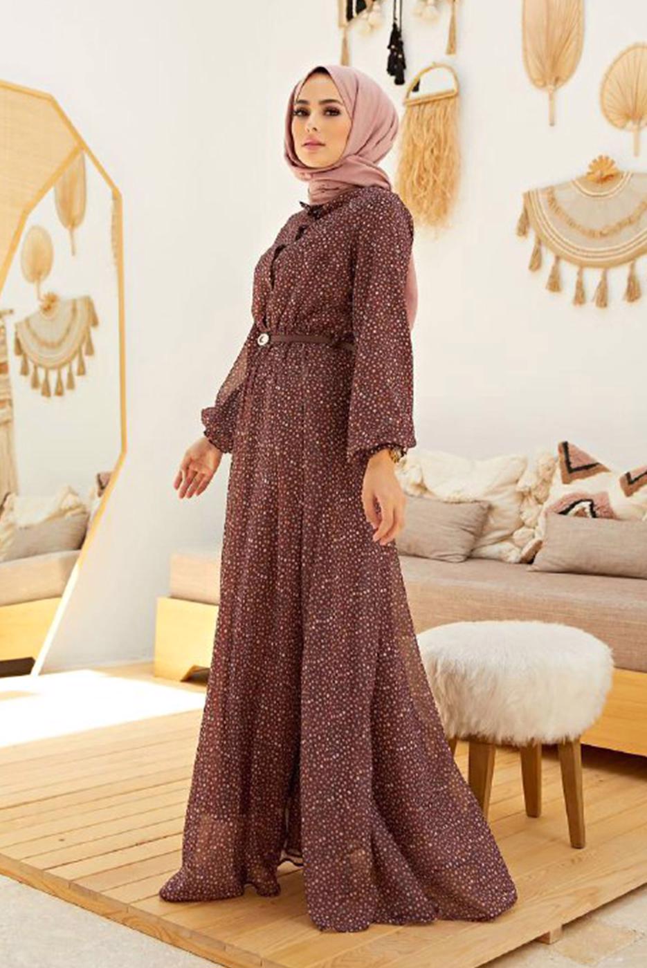 Tesettür giyim KAHVE KÜÇÜK ÇİÇEKLİ KEMERLİ  ELBİSE  56000 