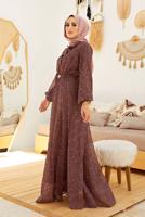 Tesettür giyim KAHVE KÜÇÜK ÇİÇEKLİ KEMERLİ  ELBİSE  56000 