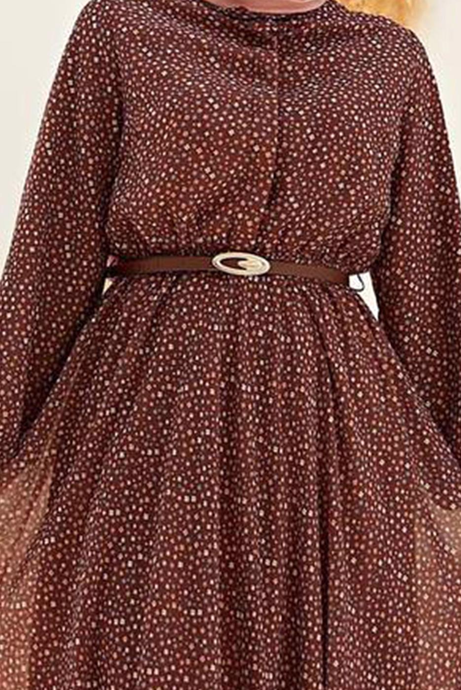 Tesettür giyim KAHVE KÜÇÜK ÇİÇEKLİ KEMERLİ  ELBİSE  56000 