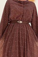 Tesettür giyim KAHVE KÜÇÜK ÇİÇEKLİ KEMERLİ  ELBİSE  56000 