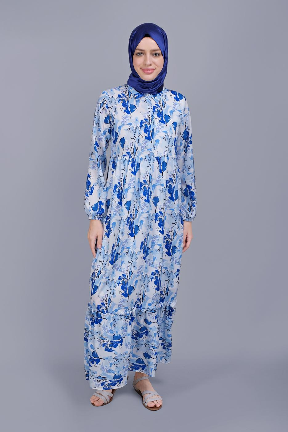 Tesettür giyim MAVİ DESENLİ VOLANLI ELBİSE  00001 