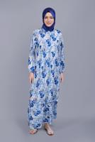 Tesettür giyim MAVİ DESENLİ VOLANLI ELBİSE  00001 