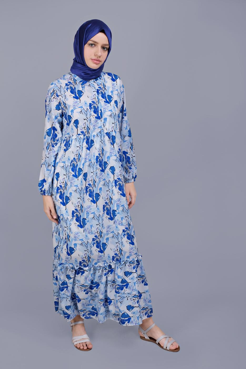 Tesettür giyim MAVİ DESENLİ VOLANLI ELBİSE  00001 