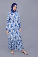 Tesettür giyim MAVİ DESENLİ VOLANLI ELBİSE  00001 