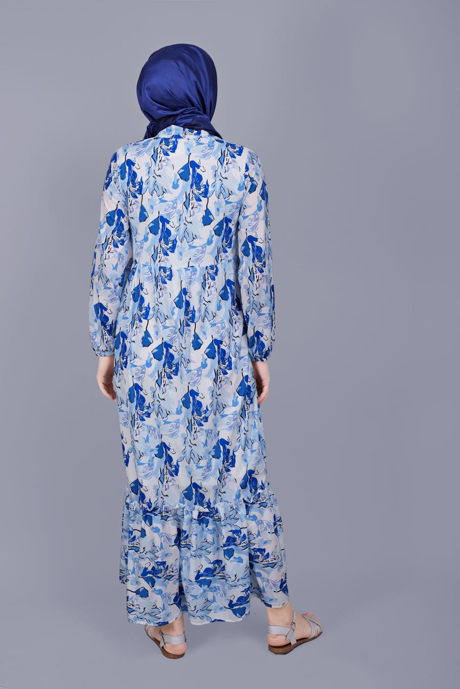 Tesettür giyim MAVİ DESENLİ VOLANLI ELBİSE  00001 