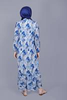 Tesettür giyim MAVİ DESENLİ VOLANLI ELBİSE  00001 