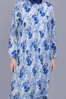Tesettür giyim MAVİ DESENLİ VOLANLI ELBİSE  00001 