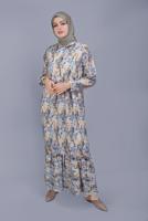 Tesettür giyim BEJ DESENLİ VOLANLI ELBİSE  00001 