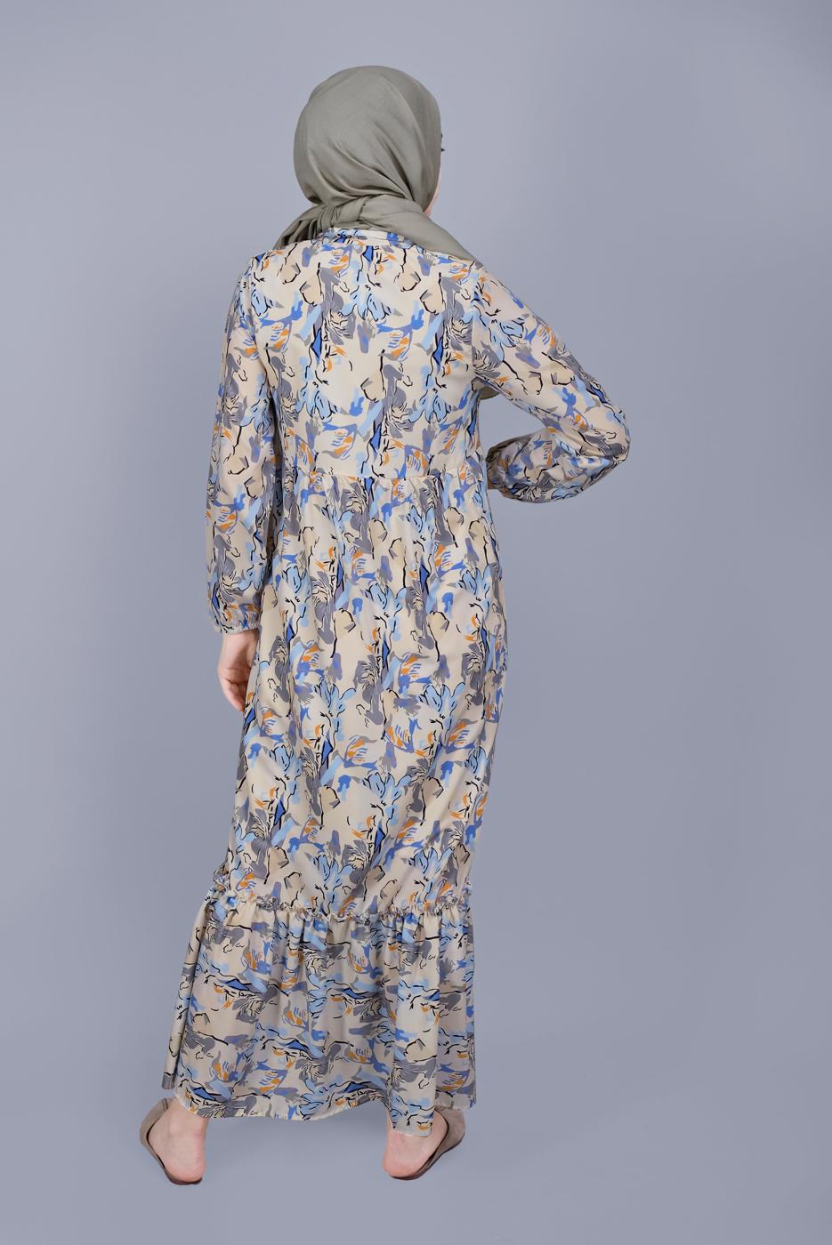 Tesettür giyim BEJ DESENLİ VOLANLI ELBİSE  00001 