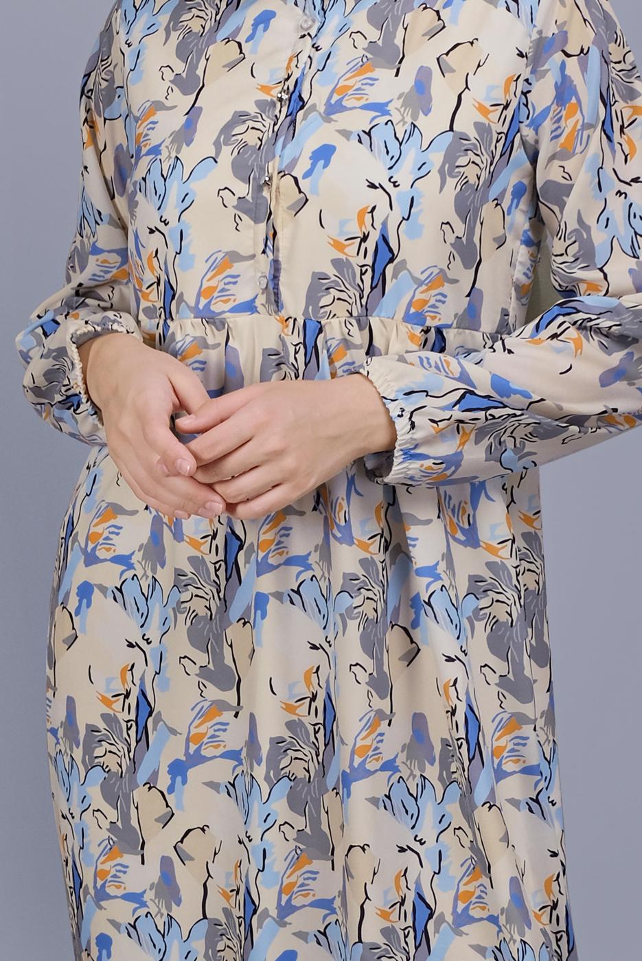 Tesettür giyim BEJ DESENLİ VOLANLI ELBİSE  00001 