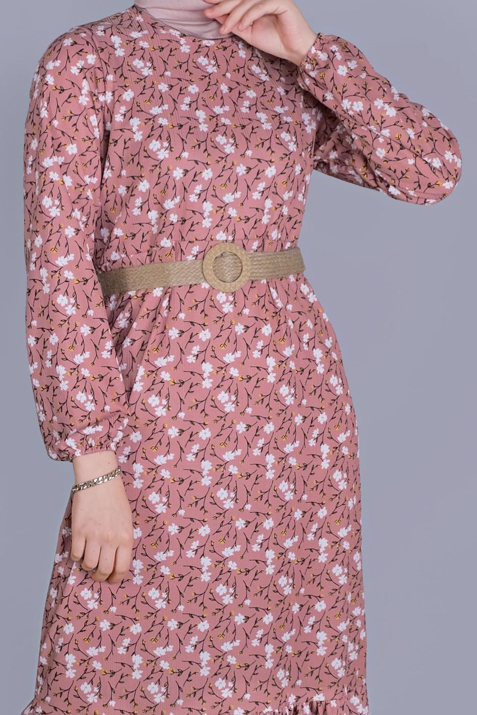 Tesettür giyim PUDRA KÜÇÜK ÇİÇEK DESENLİ ELBİSE 0176 
