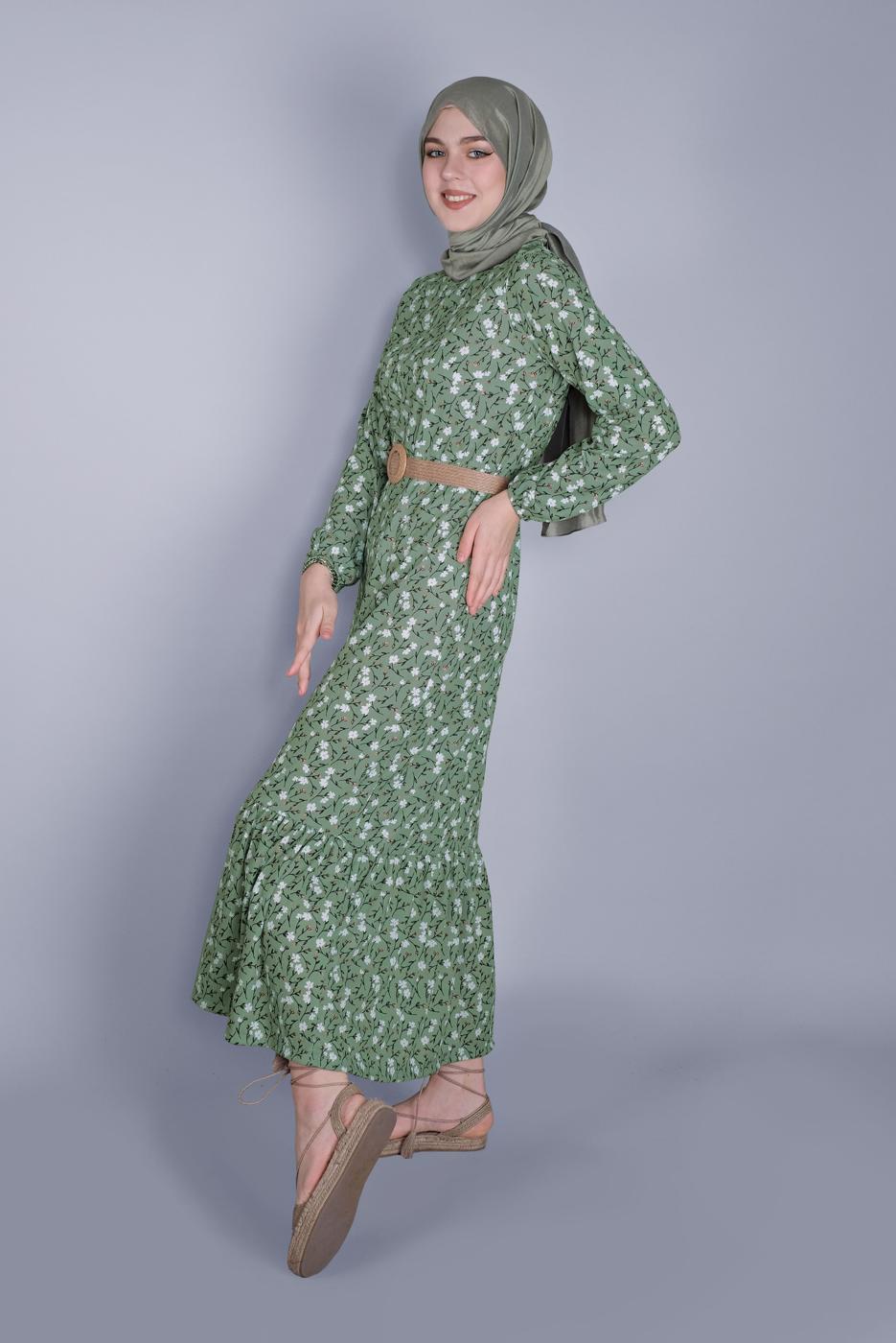 Tesettür giyim YEŞİL KÜÇÜK ÇİÇEK DESENLİ ELBİSE 0176 