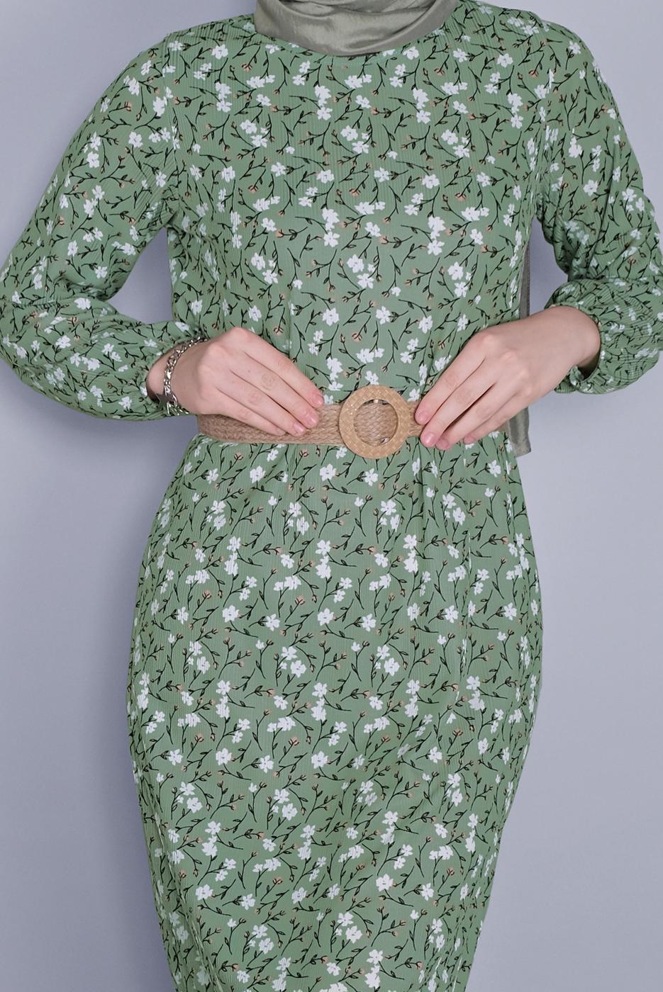 Tesettür giyim YEŞİL KÜÇÜK ÇİÇEK DESENLİ ELBİSE 0176 