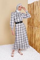 Tesettür giyim EKRU BELİ KUŞAKLI ÇİZGİLİ ELBİSE 0354 