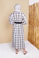 Tesettür giyim EKRU BELİ KUŞAKLI ÇİZGİLİ ELBİSE 0354 