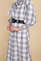 Tesettür giyim EKRU BELİ KUŞAKLI ÇİZGİLİ ELBİSE 0354 