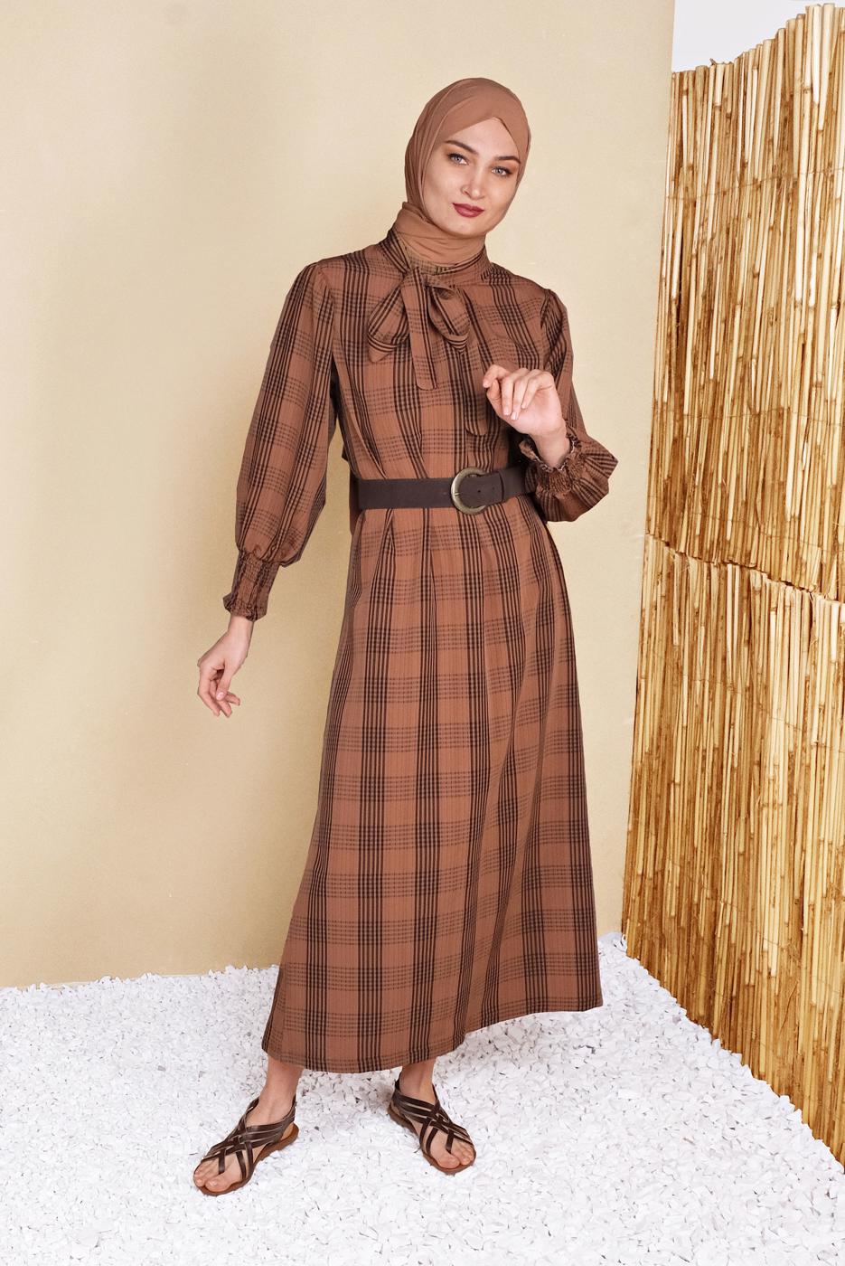 Tesettür giyim TABA BELİ KUŞAKLI ÇİZGİLİ ELBİSE 0354 