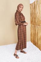 Tesettür giyim TABA BELİ KUŞAKLI ÇİZGİLİ ELBİSE 0354 