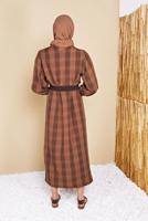 Tesettür giyim TABA BELİ KUŞAKLI ÇİZGİLİ ELBİSE 0354 