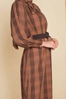 Tesettür giyim TABA BELİ KUŞAKLI ÇİZGİLİ ELBİSE 0354 