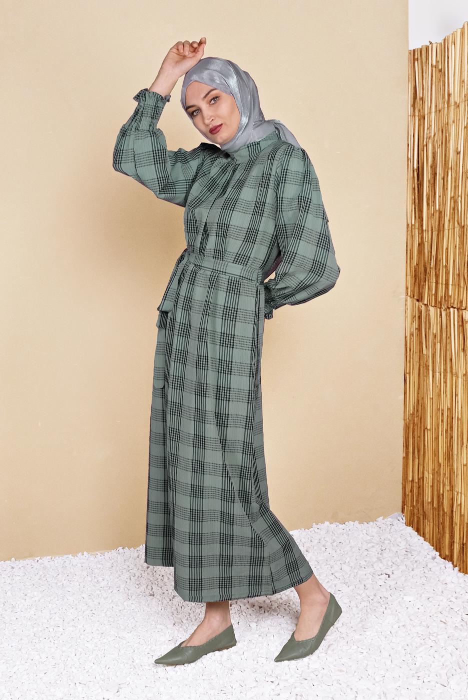Vêtements hijab VERT ROBE À RAYURES TAILLE CEINTURÉE 0354