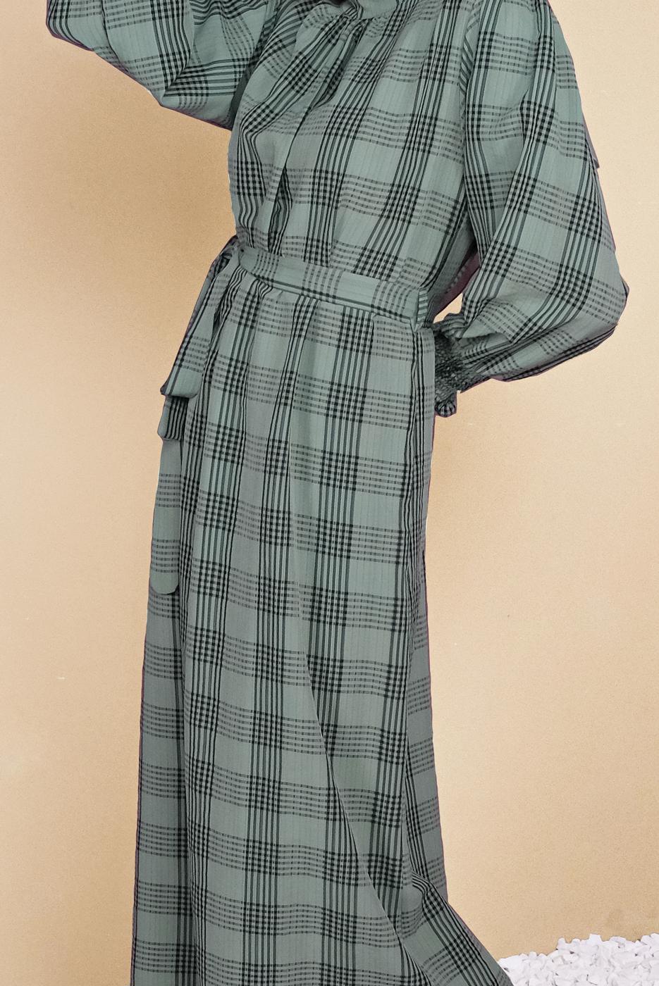 Vêtements hijab VERT ROBE À RAYURES TAILLE CEINTURÉE 0354